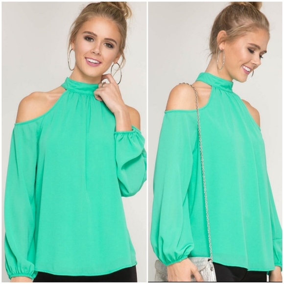 Tops - Green Cold Shoulder High Neck Top